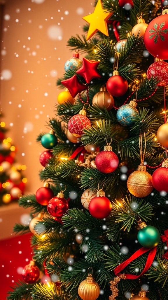 Festive Christmas wallpaper with a decorated tree and falling snowflakes.